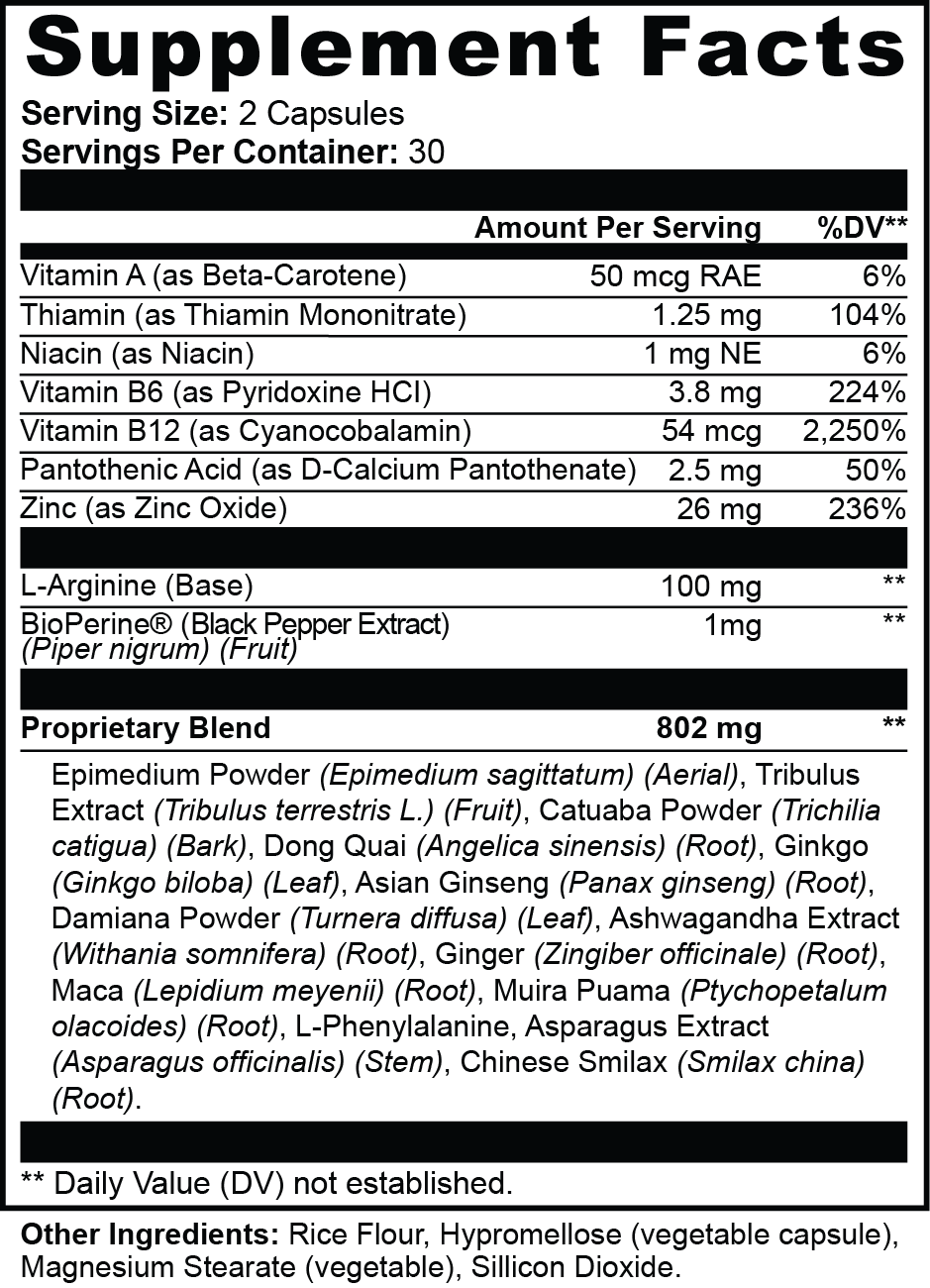 Supplement facts label with detailed nutritional information on a black background
