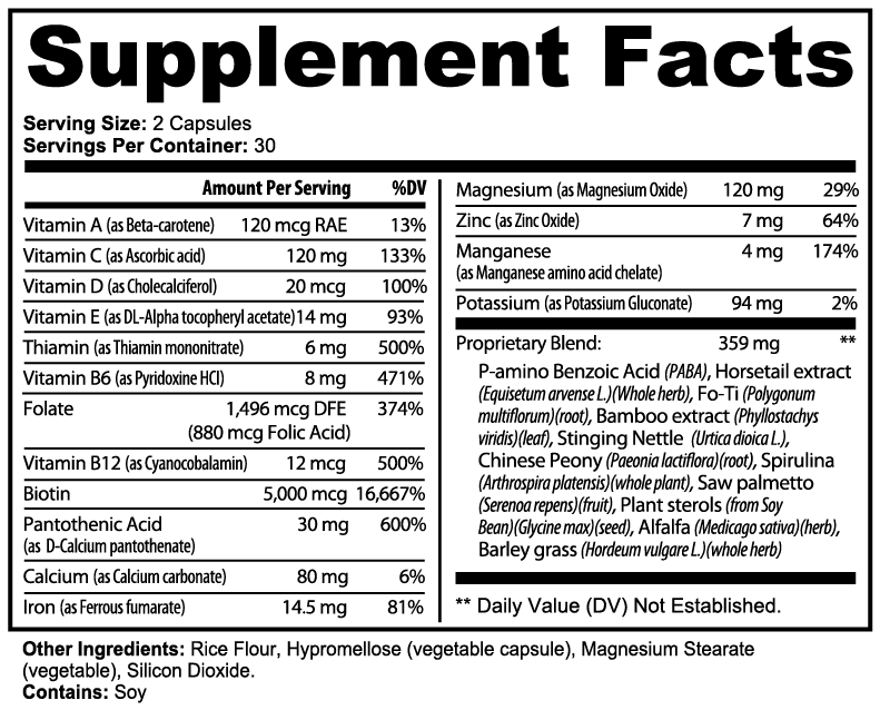 Supplement facts label with detailed nutritional information and ingredients.