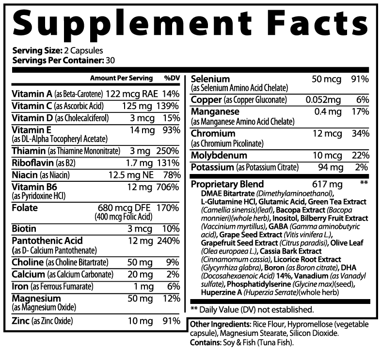 Supplement facts label with detailed nutritional information on a white background