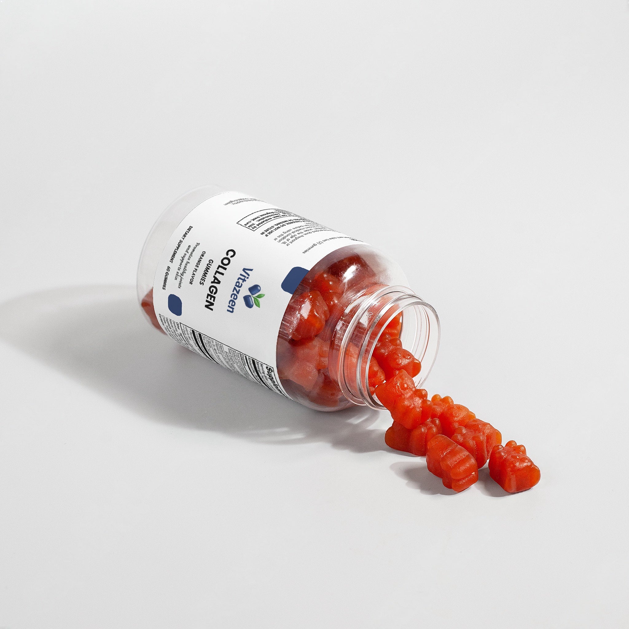 Open bottle of red gummy bears with a white label on a light gray background