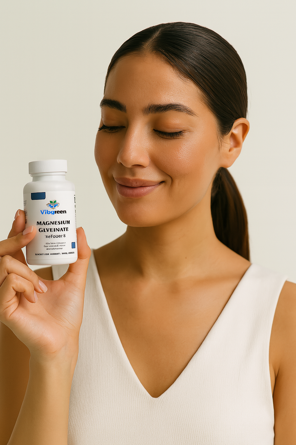 Woman holding a bottle of Vitamin World magnesium gluconate supplement against a beige background