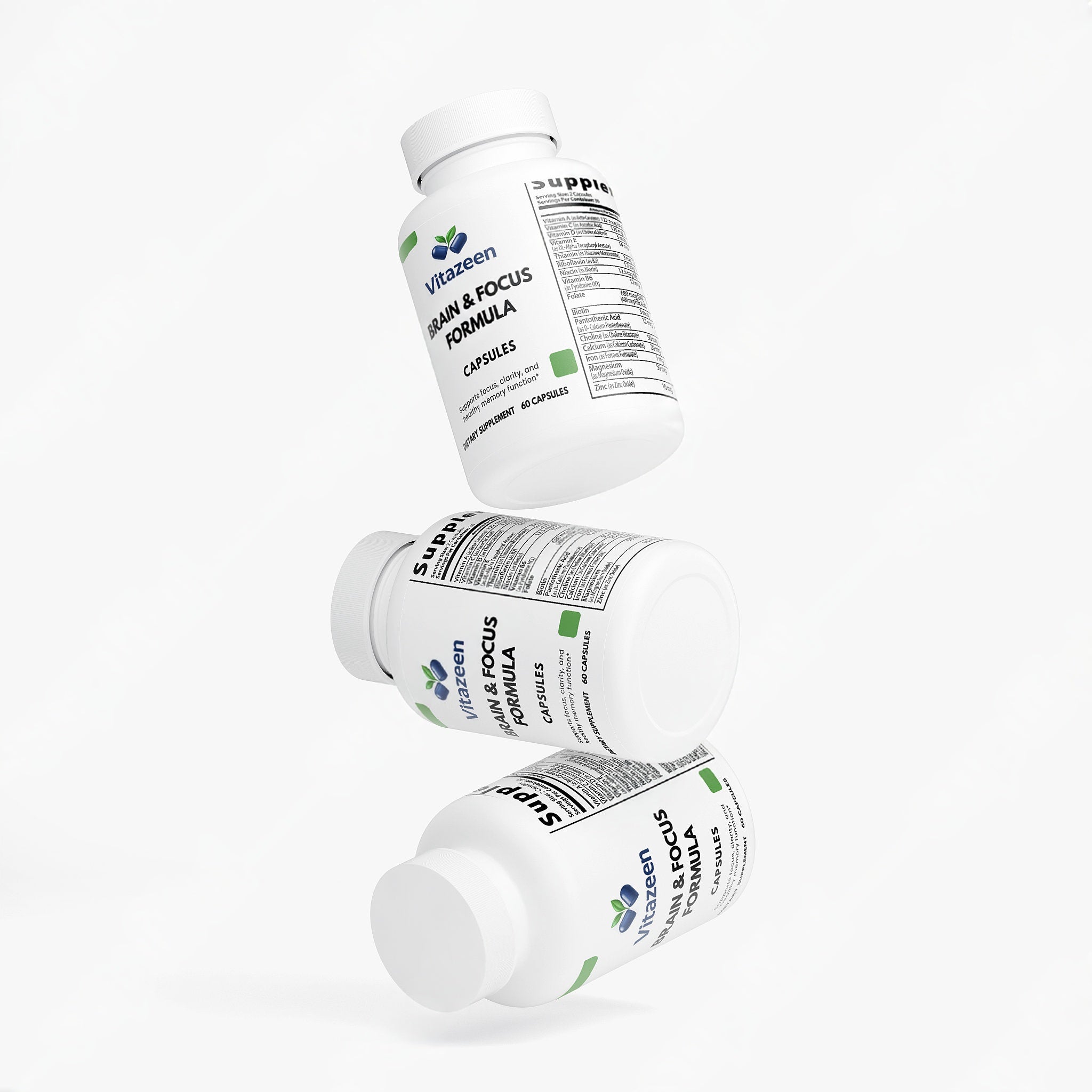 Three bottles of Vitacost Brain & Focus Formula on a white background