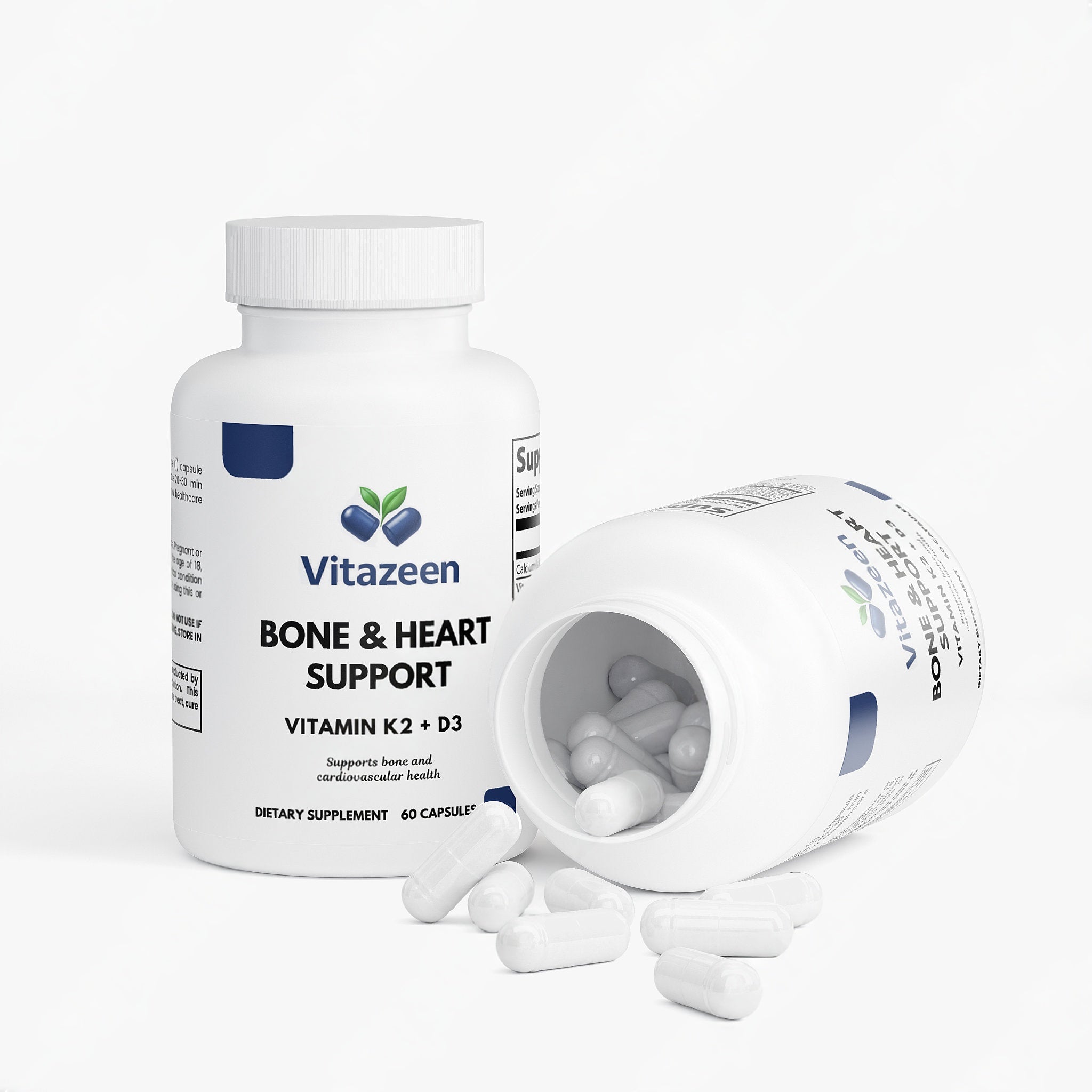 Vitazeen bone and heart support supplement bottle with open cap showing pills on a white background