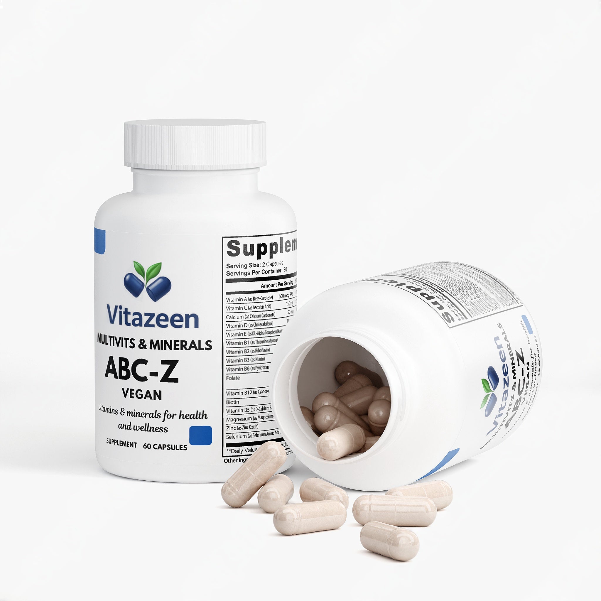 Vitazeen ABC-Z supplement bottle with open cap showing capsules on a white background