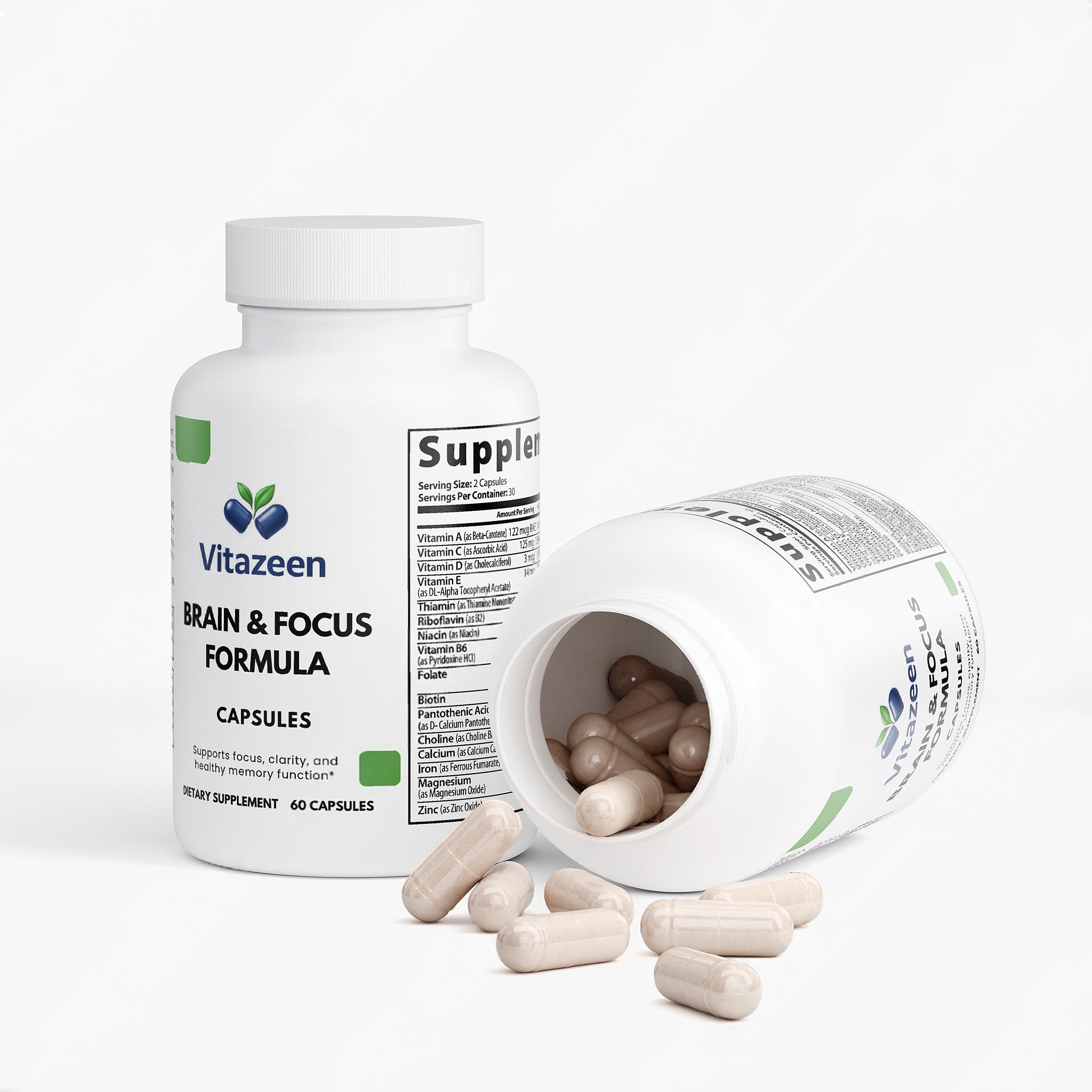 Vitazeen Brain & Focus Formula supplement bottle with open cap showing capsules on a white background