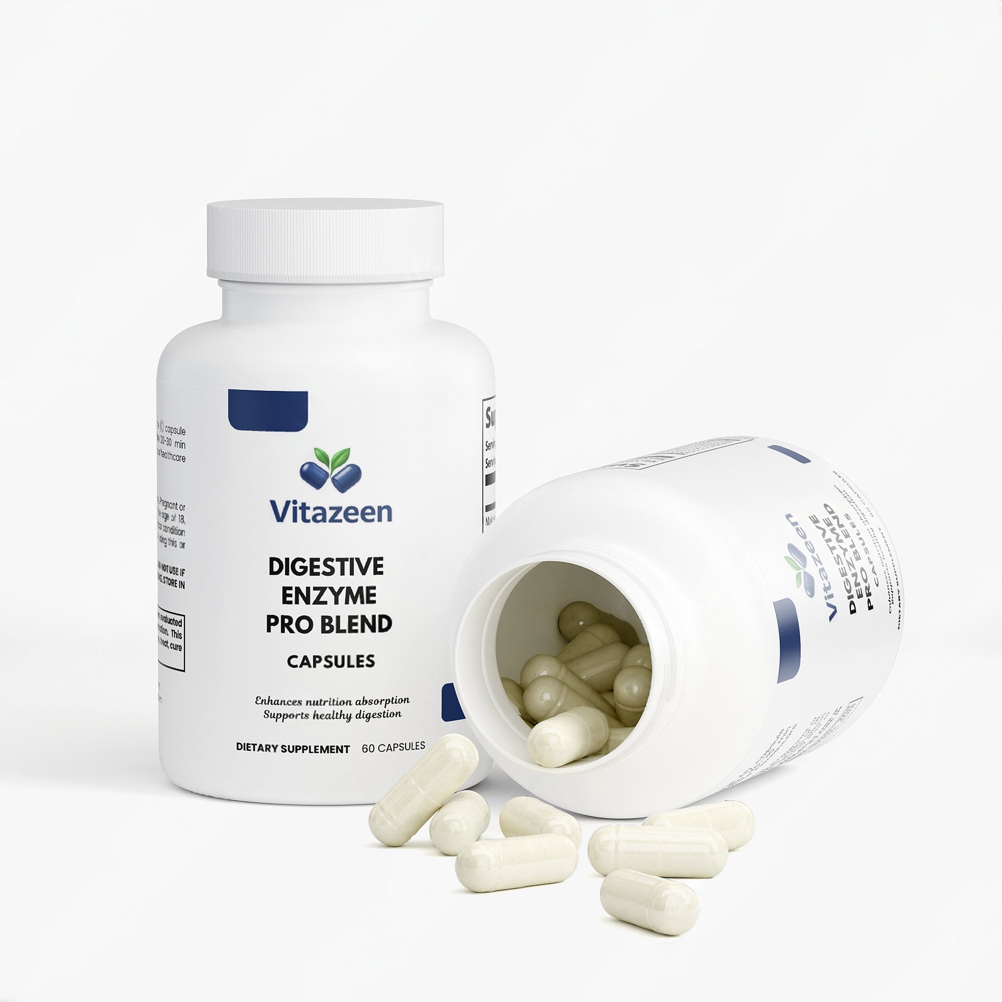 Vitazeen digestive enzyme supplement bottle with open cap showing capsules on a white background