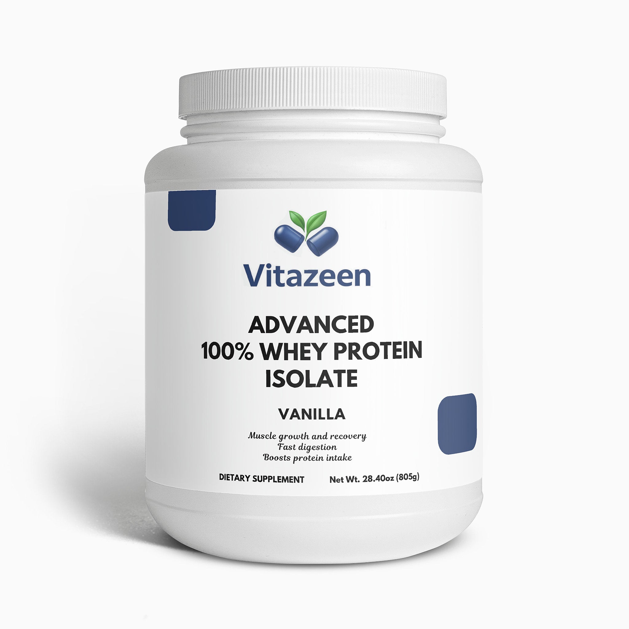 Vitazeen Advanced 100% Whey Protein Isolate container on a white background