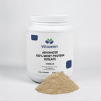 Vitazeen Advanced 100% Whey Protein Isolate container with powder spilling out on a white background